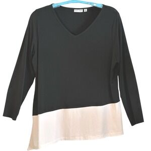 Susan Graver Top Liquid Knit Colorblock Asymmetrical V-Neck Black White Chic XL